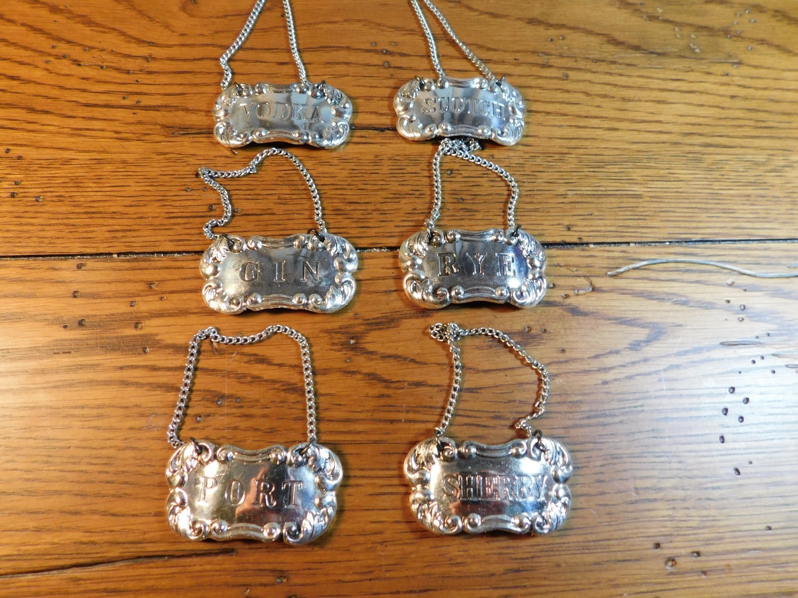 Vintage Set of 6 Liquor Bottle Decanter Label Tags Silver-plated Japan 1967-76
