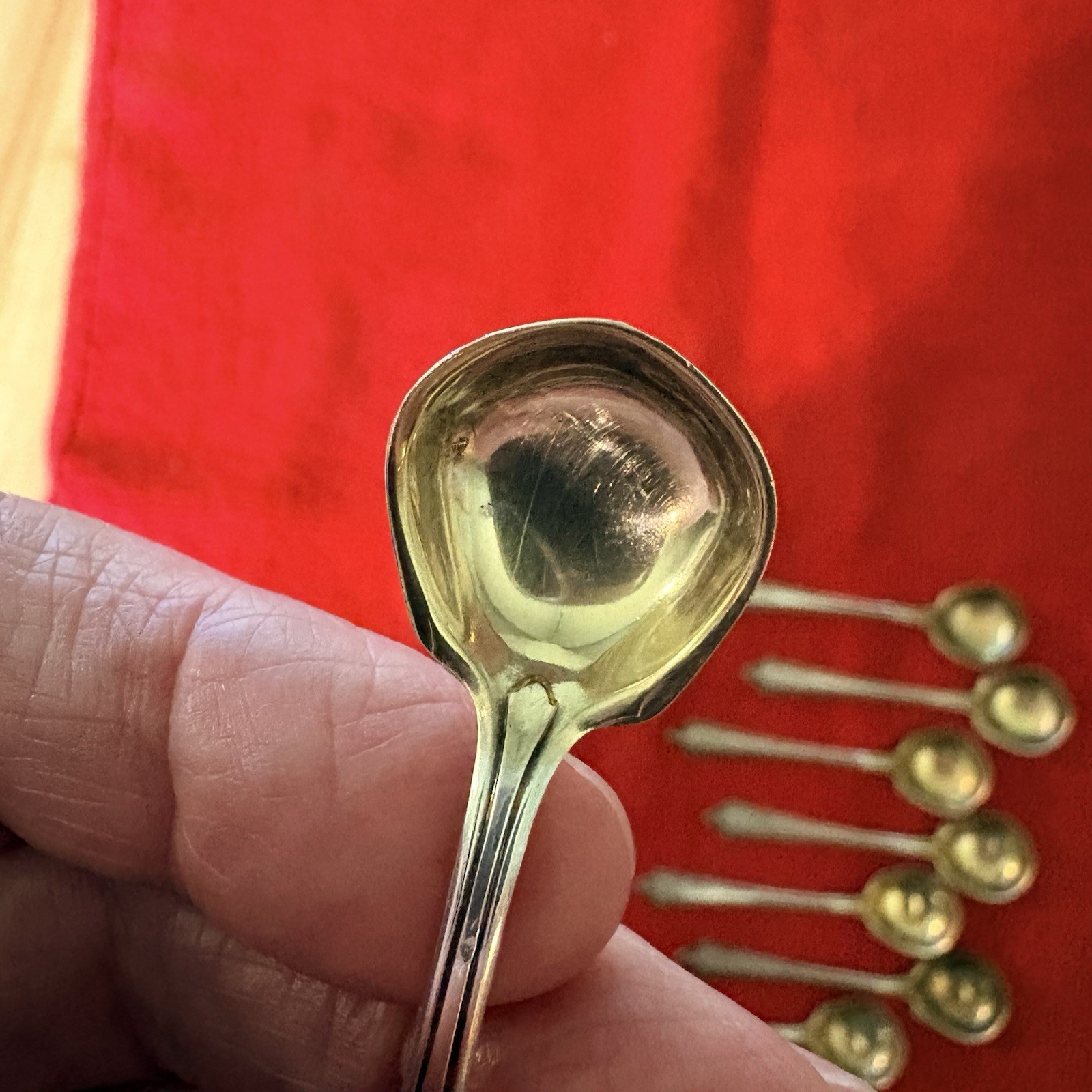Vintage Sterling Silver Salt Spoon Set Of 8 Classic Design Gold Washed Bowl. mon