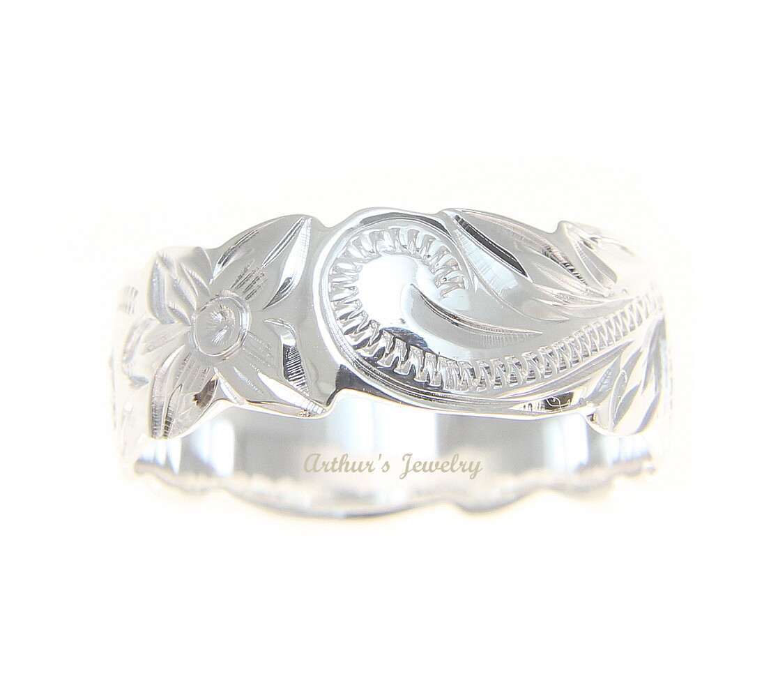 12MM SILVER 925 HAWAIIAN BAND RING PLUMERIA FLOWER SCROLL SCALLOP CUT OUT EDGE