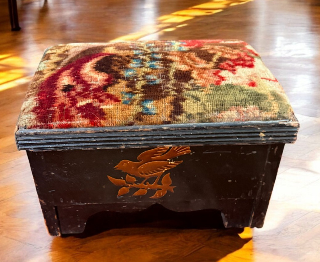 Vintage Floral Tapestry Footstool Wood Base Ottoman Inlaid bird eagle
