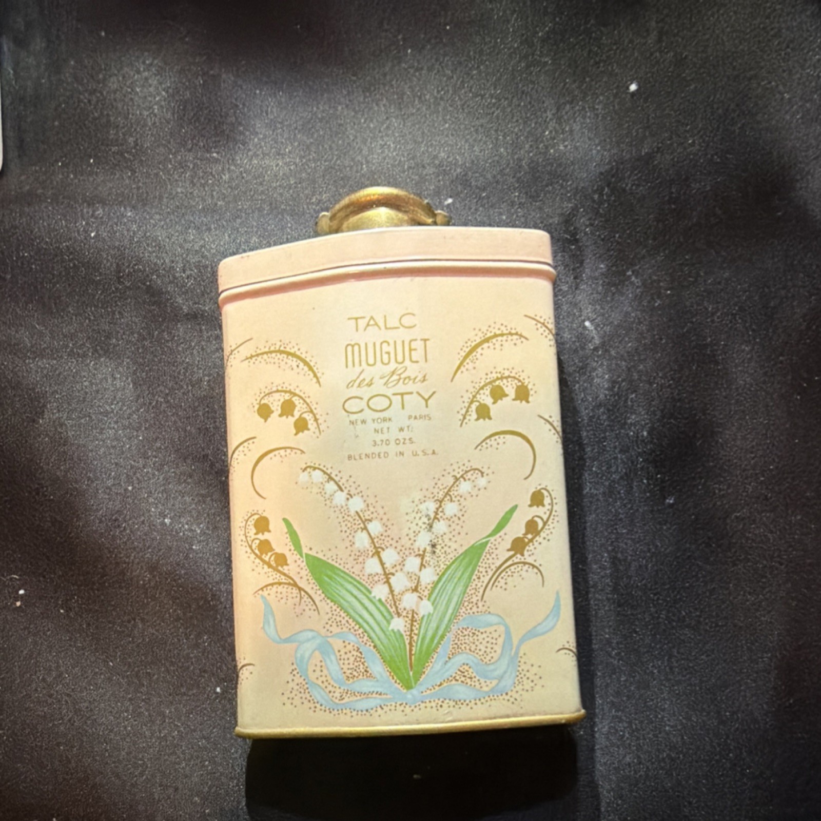 Coty Muguet des Bois Talcum Powder Advertising Tin 4 oz Beige Green Gold