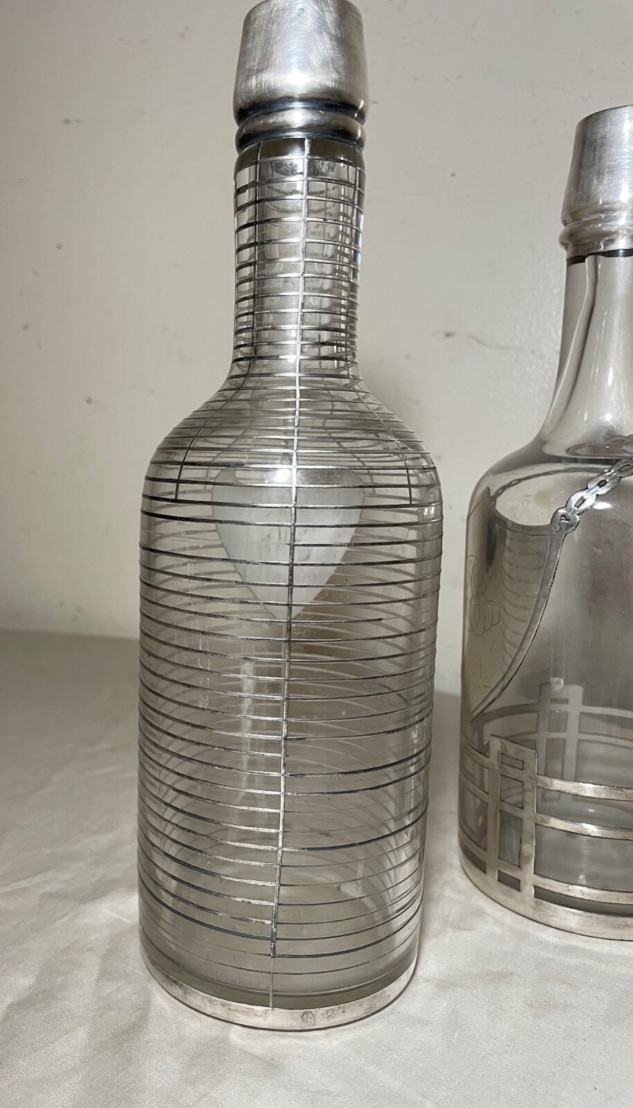 pair antique ornate sterling silver overlay glass liquor claret decanter bottle