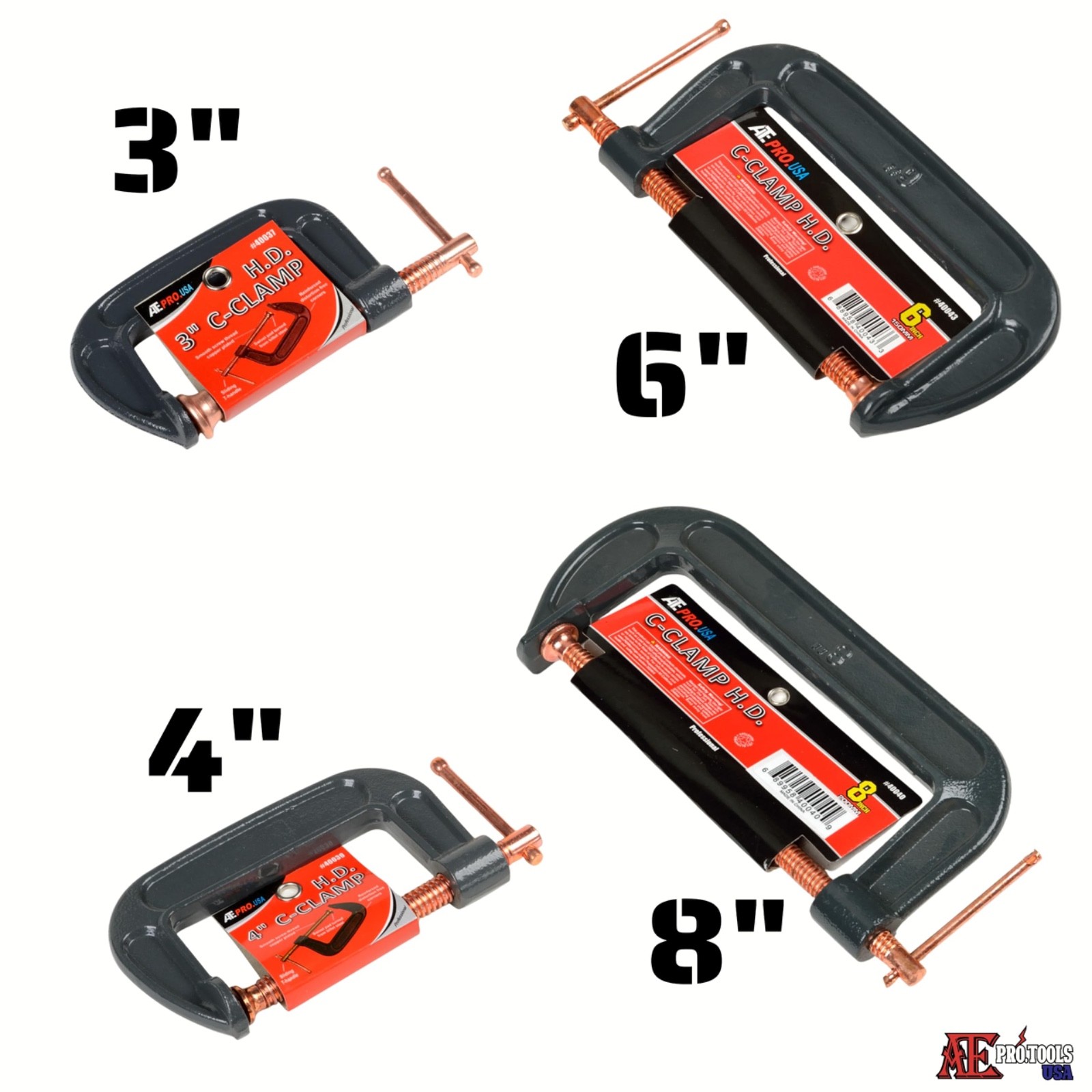 8 PC Set - Heavy Duty Steel C-Clamp | 3", 4", 6", 8" | Industrial Strength