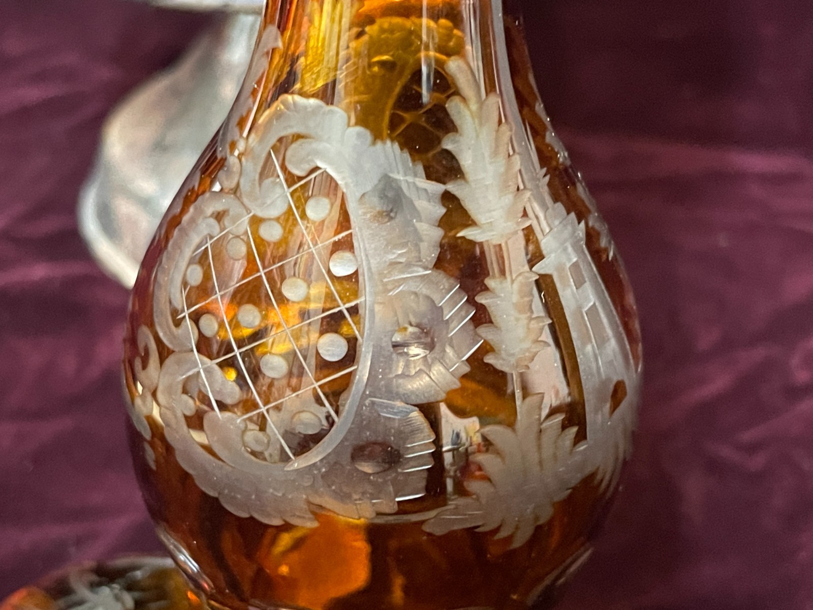 Antique 1800's Wilcox Silver Plate Cruet Condiment Set 3 Etched Amber Bottles