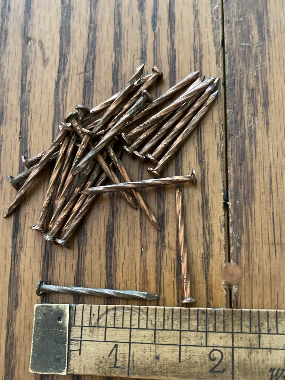 VINTAGE 1 1/4" COPPER PLATED NAILS SPIRAL SHANK 3/16” WIDE FLAT HEAD