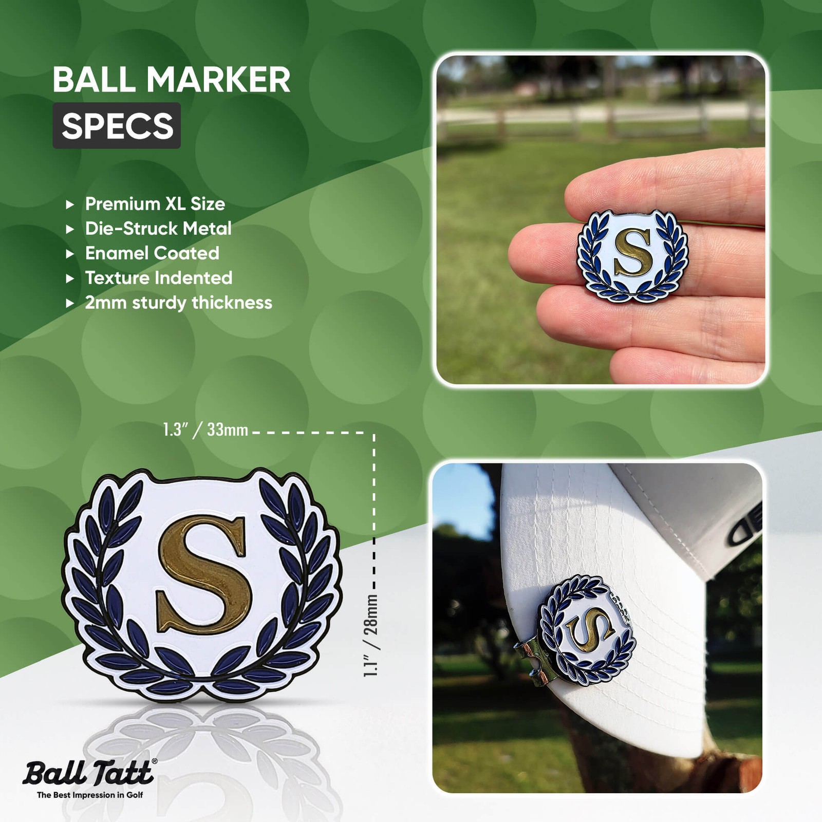 Ball Tatt - S Initial Golf Ball Stamp, Self-Inking w/ Monogram Ball Marker -Blue
