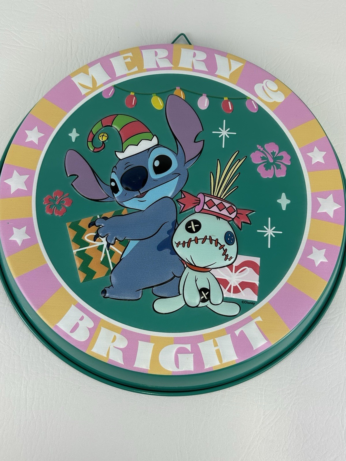 Disney Lilo & Stitch Metal Hanging Sign Scrump Merry & Bright 12" Holiday Decor