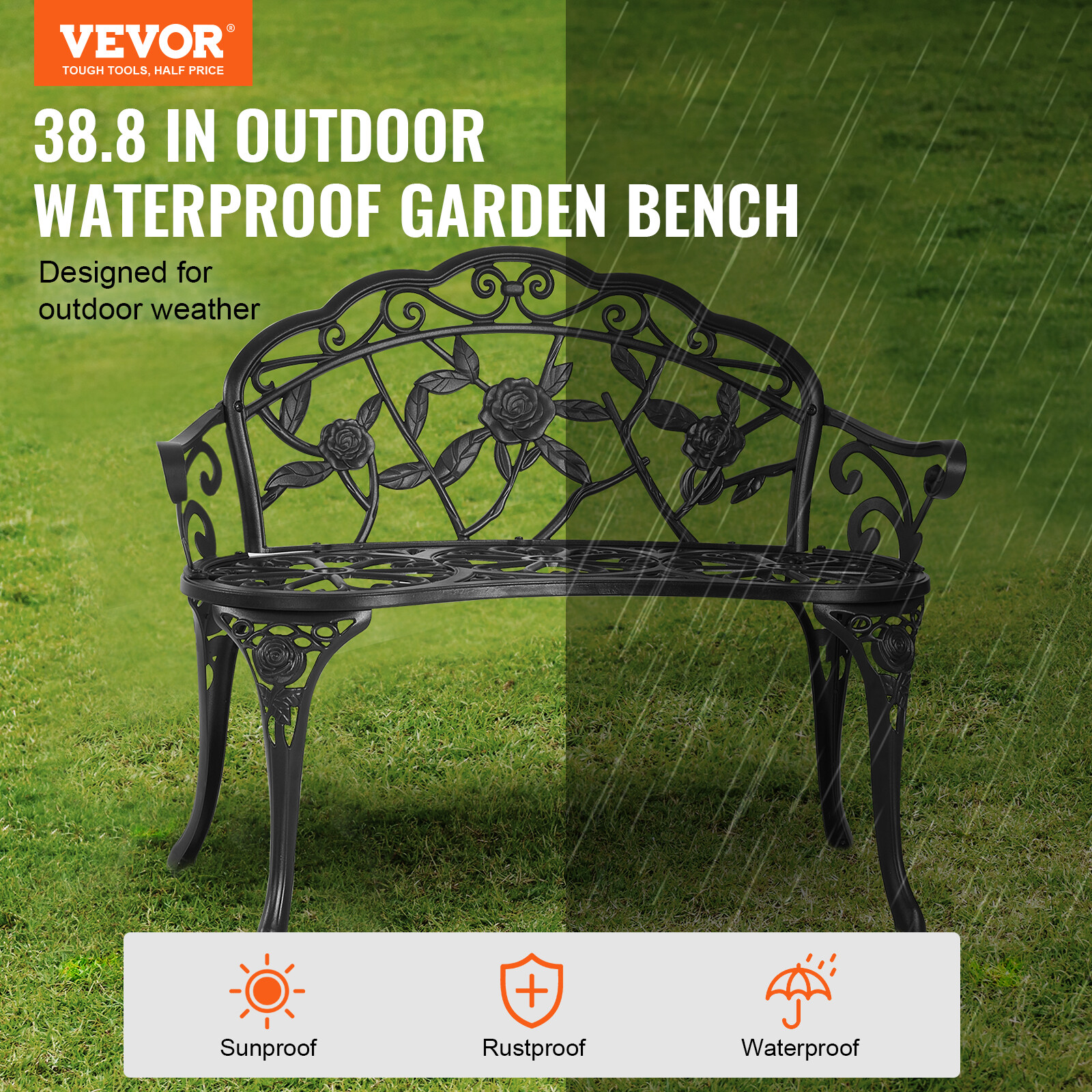VEVOR Outdoor Bench 38.8in Metal Garden Bench 480lbs Park Patio Yard Porch Bench