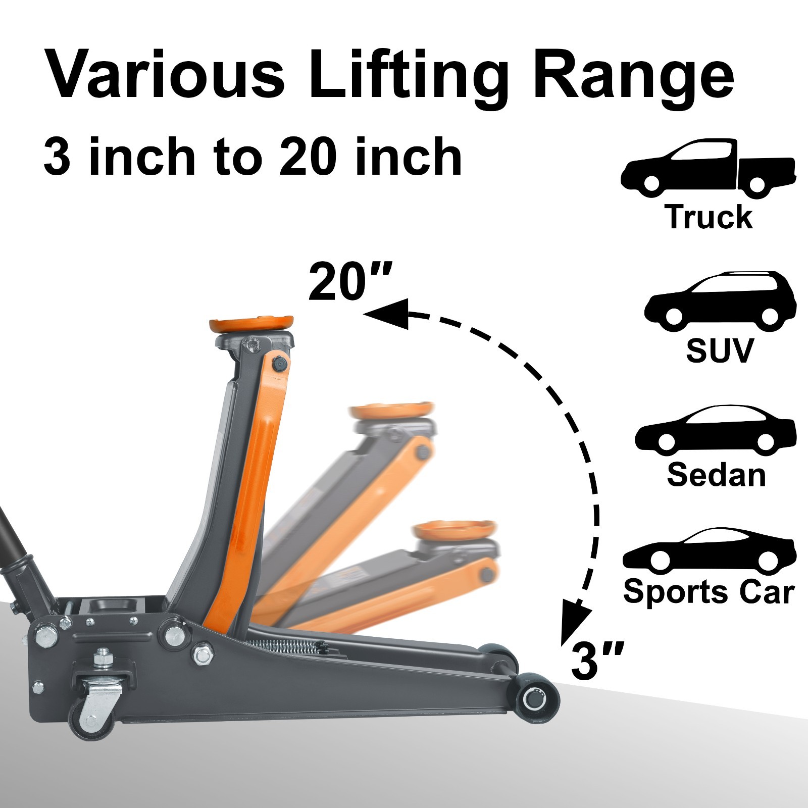 3 Ton Floor Jack Low Profile Rapid Dual Pistons Pump 2.9'' To 19.9'', Orange