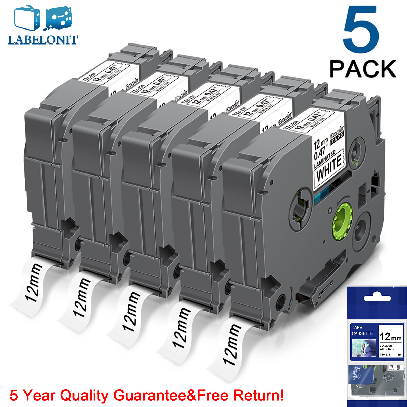 TZ-231 TZe-231 PT-D210 5PK For Brother P-Touch 12mm Label Maker Tape White 1/2"