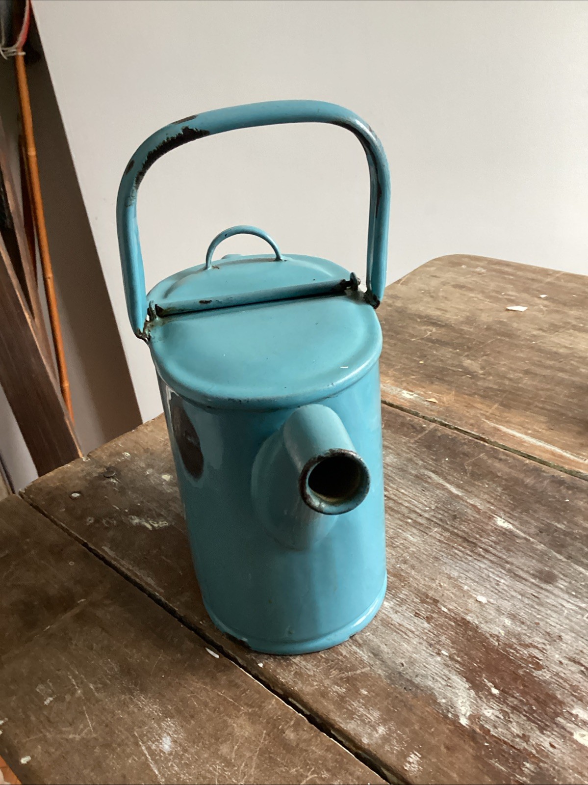 Antique Light Blue Enamel Ware Watering Can c1900 European Vintage