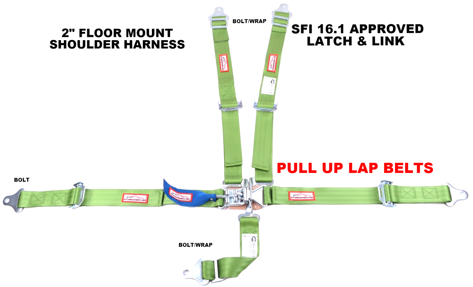 JUNIOR DRAGSTER SFI 16.1 JUNIOR RACING HARNESS LIME GREEN 5 POINT FLOOR MOUNT