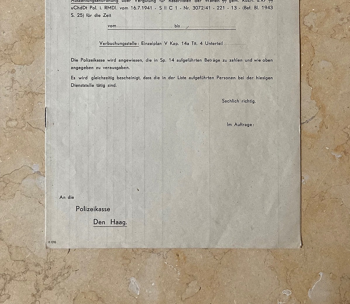 WW2 GERMAN PROTECTION SQUADRON + SECURITY SERVICE of DUTCH OCC. TERR. FORM 1944