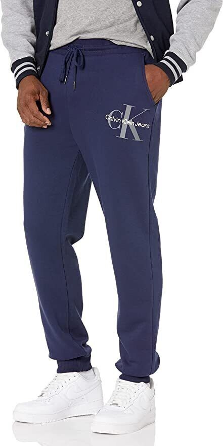 Calvin Klein Jeans Mens Blue/ Grey Monogram Logo Fleece Jogger Sweatpants