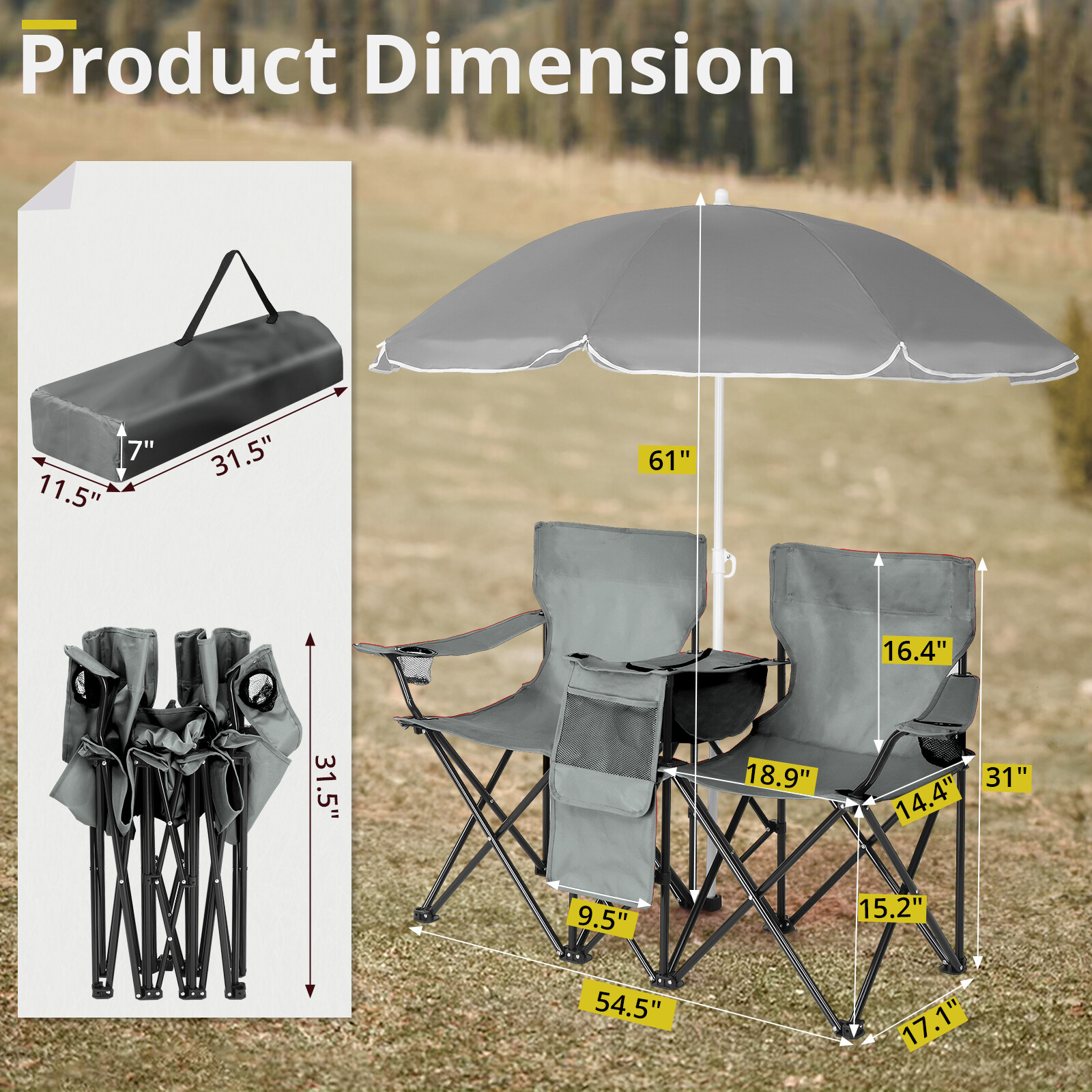 Double Folding Chair Picnic Cooler Camping Beach with Removable Sun Umbrella