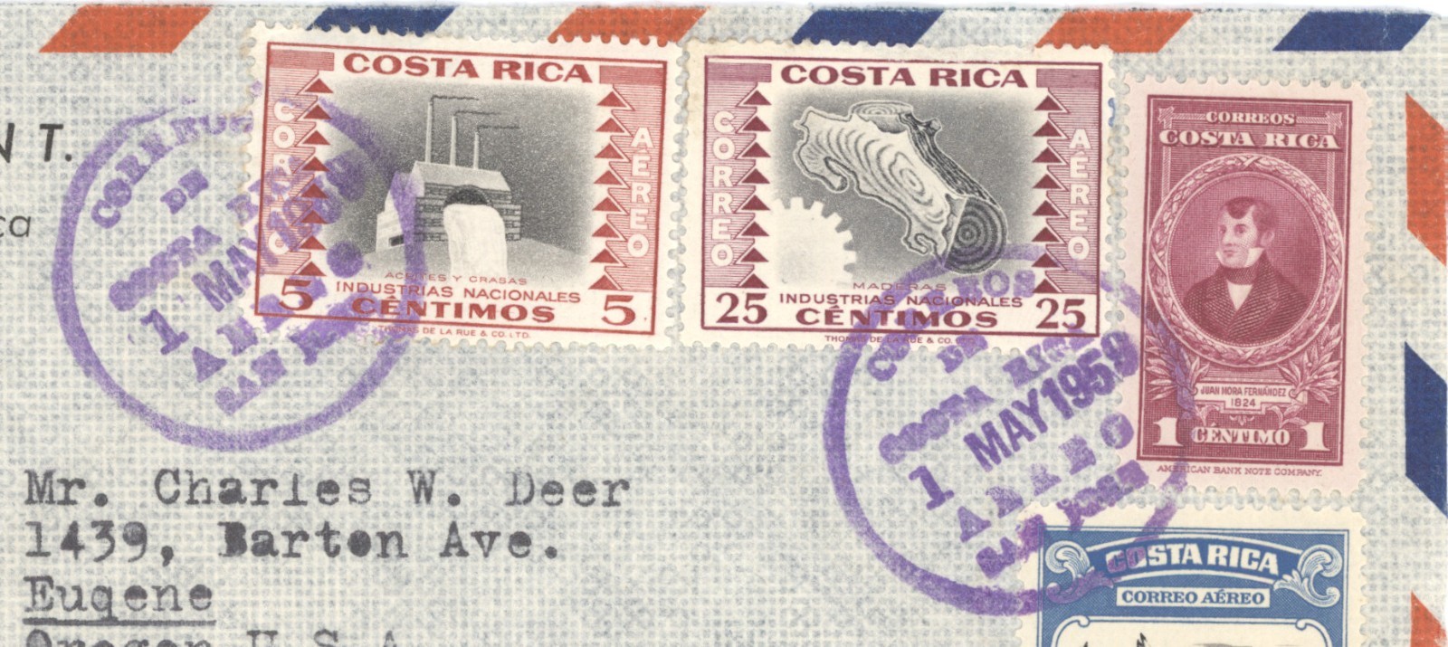1959 Costa Rica Airmail Cover San Jose To USA Multi Stamp Franking