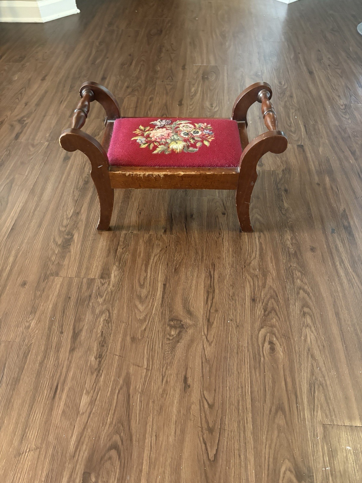 19thC Antique Victorian Footstool Bench Floral Needlepoint Petit Point