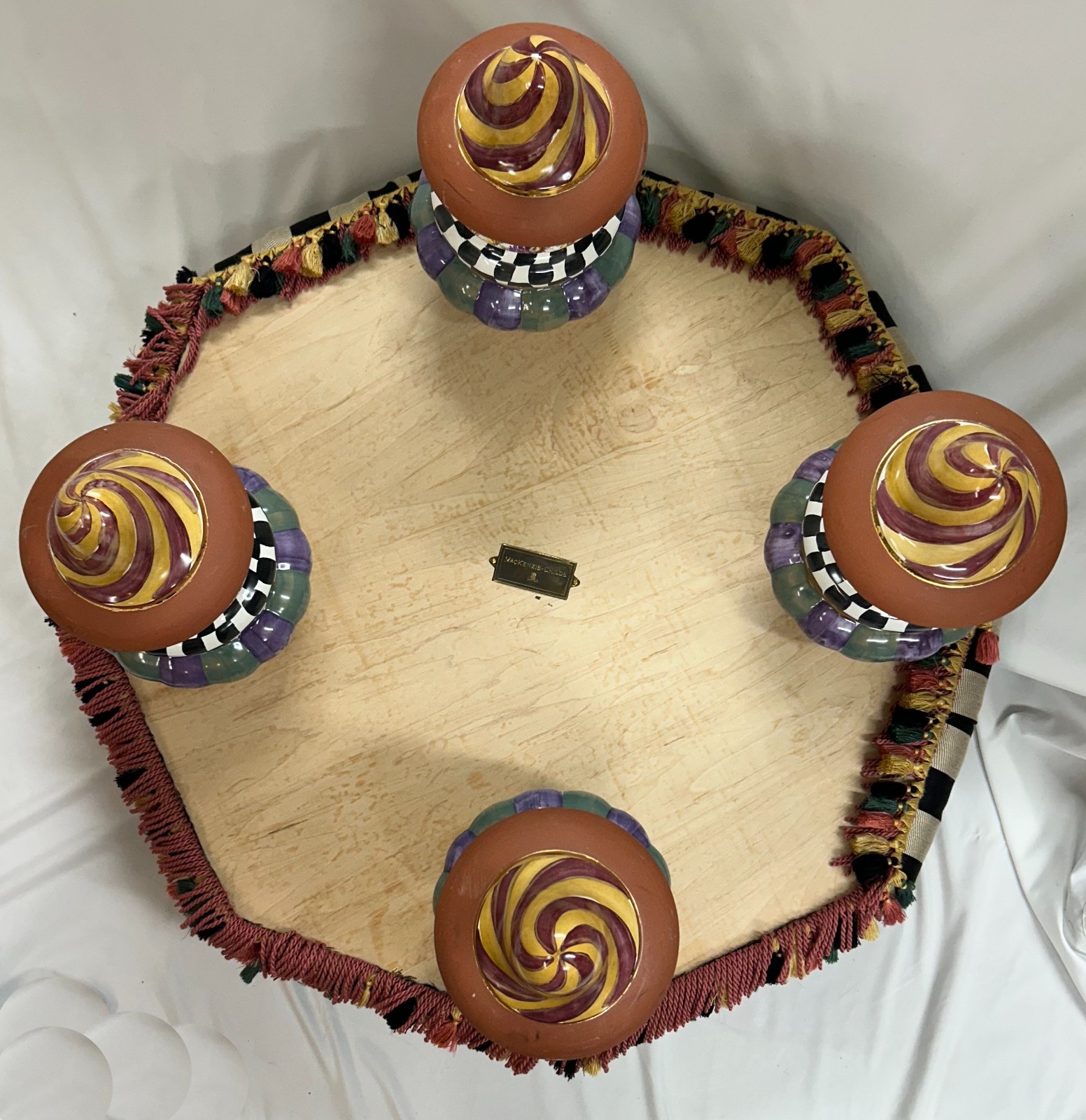 Mackenzie-Childs On Wall Street Ottoman Black & Beige w/Hand Painted Legs - NICE