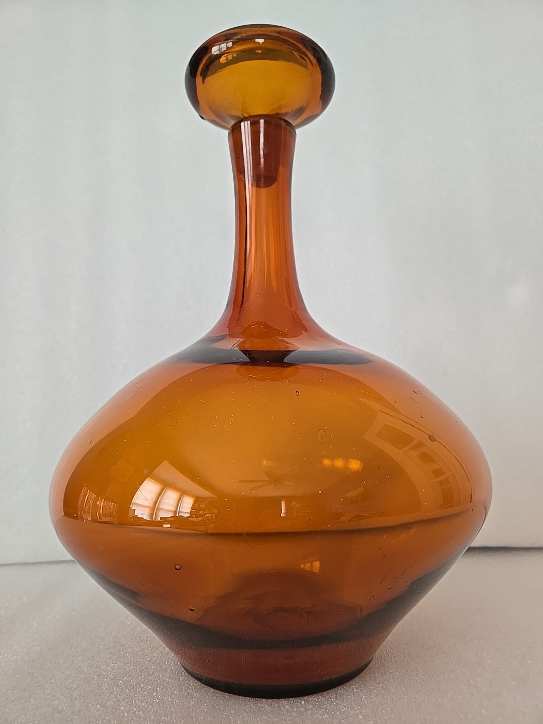 Blenko Orange Amber Glass Decanter Mushroom Stopper 14"