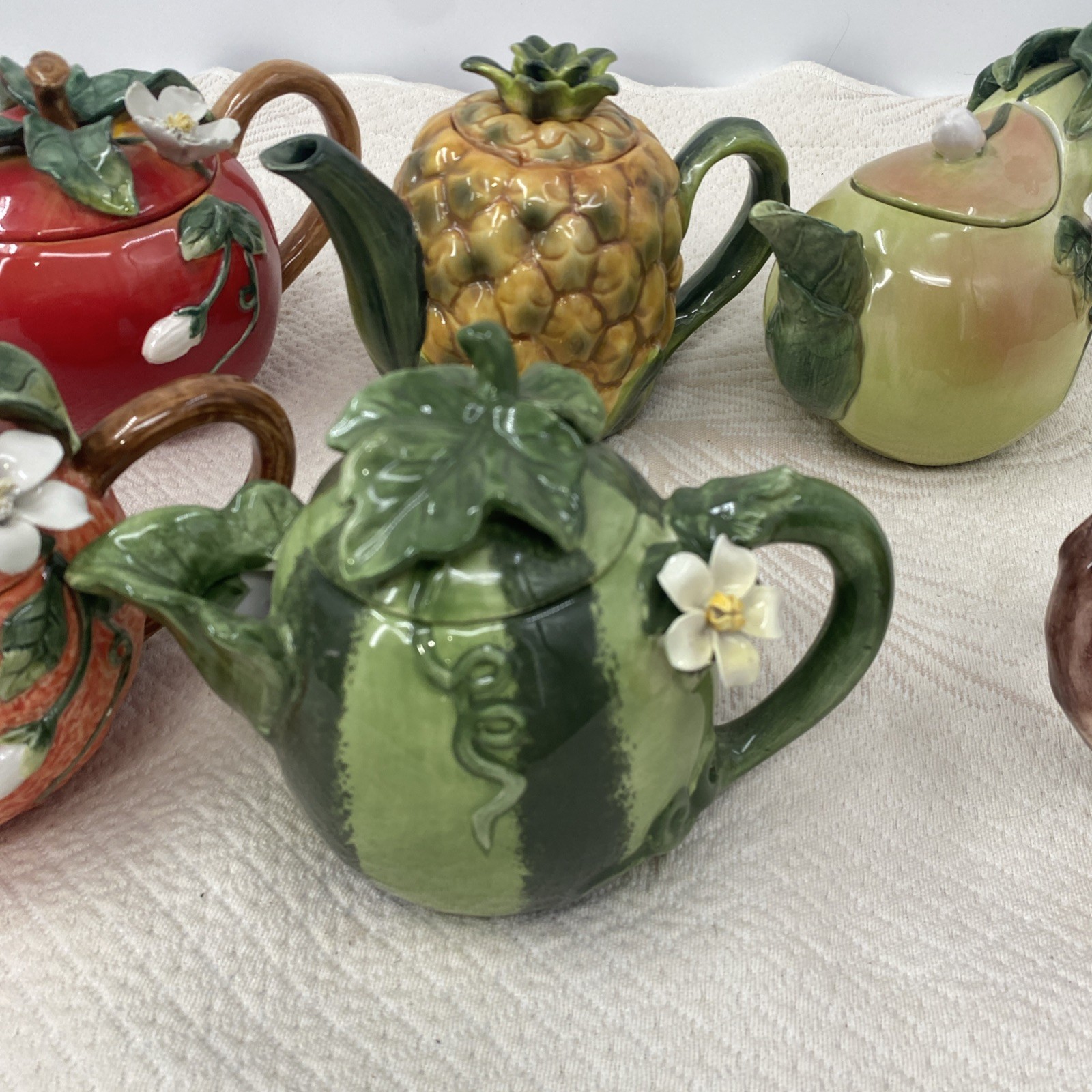Vtg Lot 6 Ceramic Fruit Teapots: pair, Pineapple Peach Pomegranate & Watermelon
