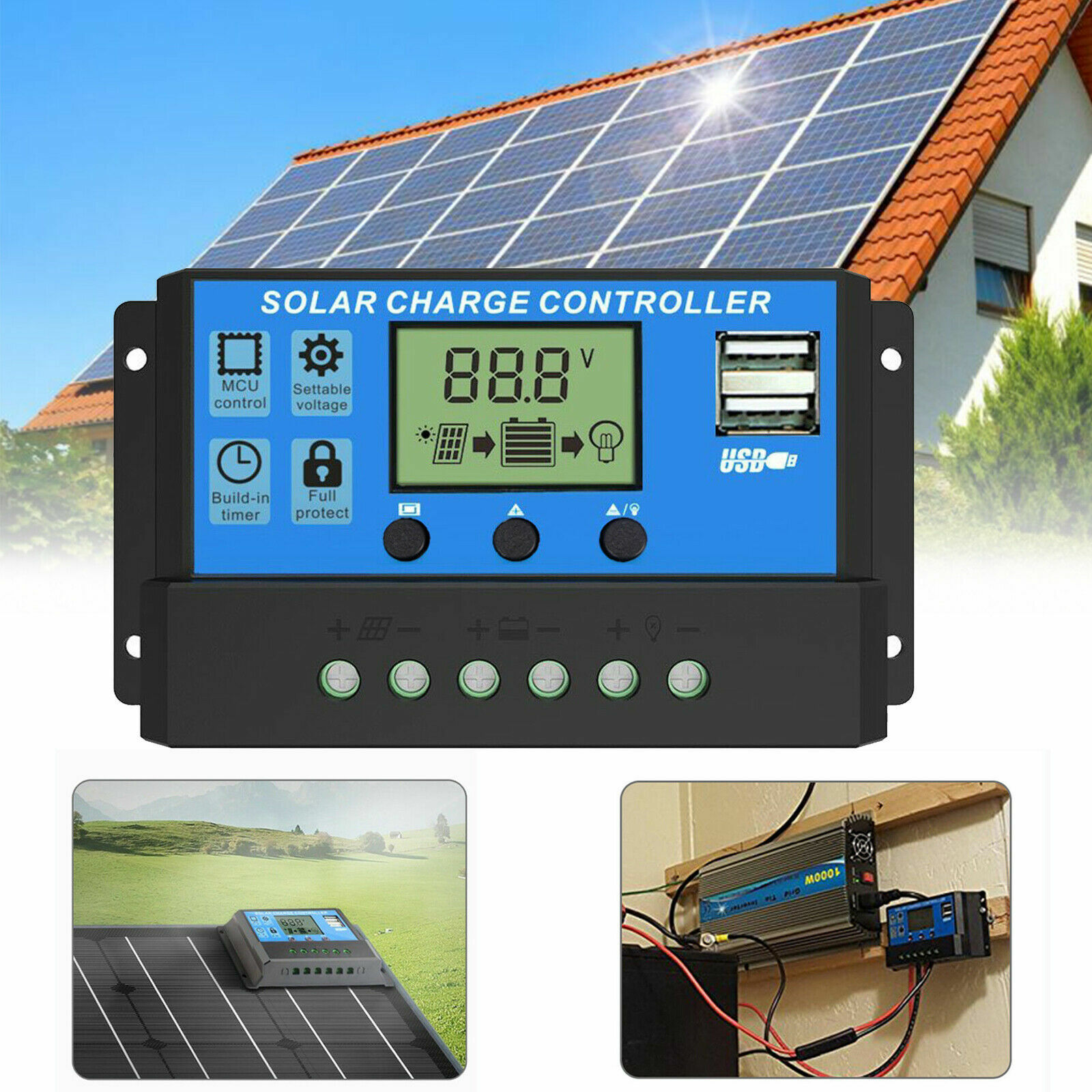 30A Solar Panel Battery Charge Controller 12V/24V LCD Regulator Auto Dual USB US