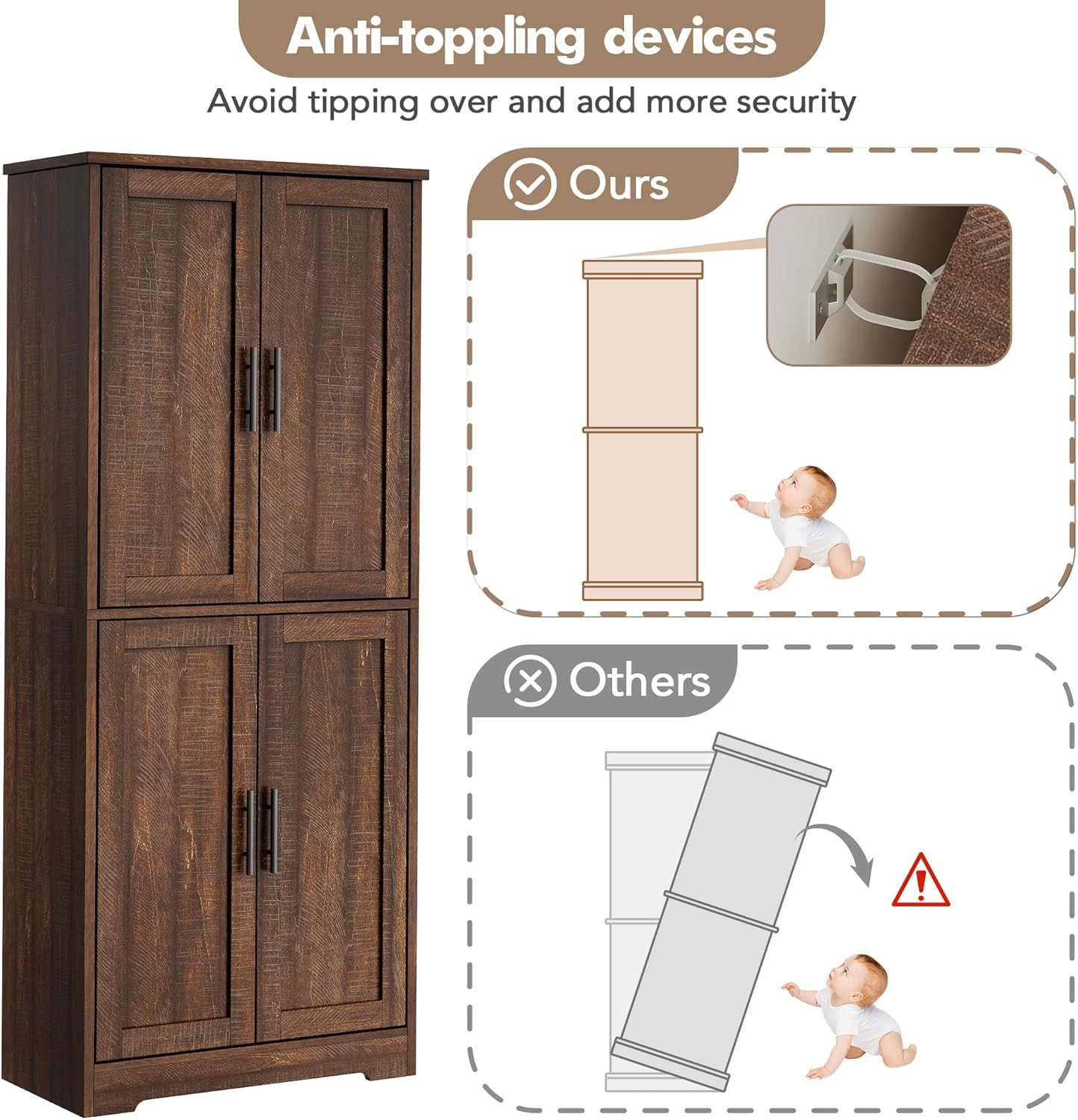 70" Kitchen Pantry Cabinet w 4 Doors, Freestanding Storage w Adjustable Shelves