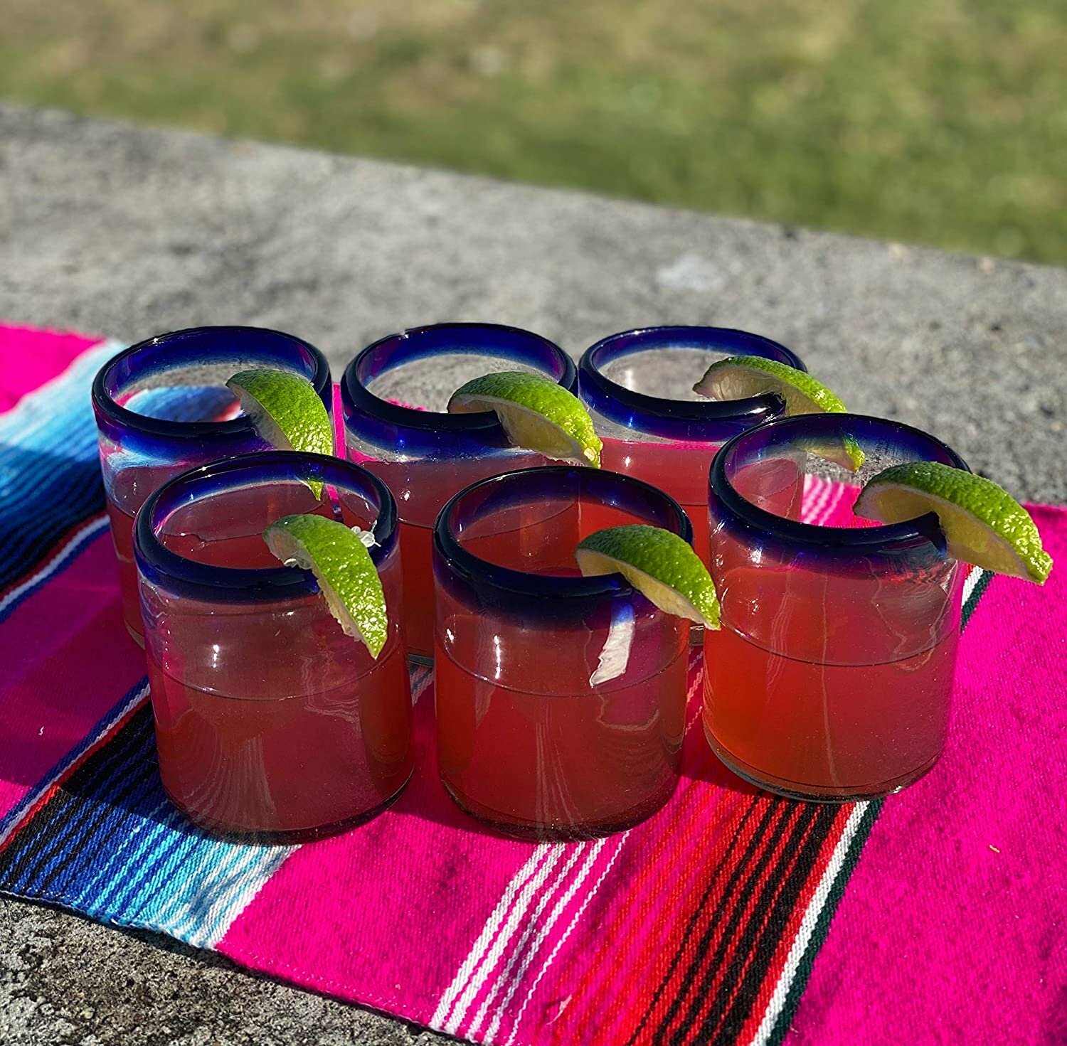 Hand Blown Mexican Drinking Glasses – Set of 6 Tumbler Glasses with Cobalt...
