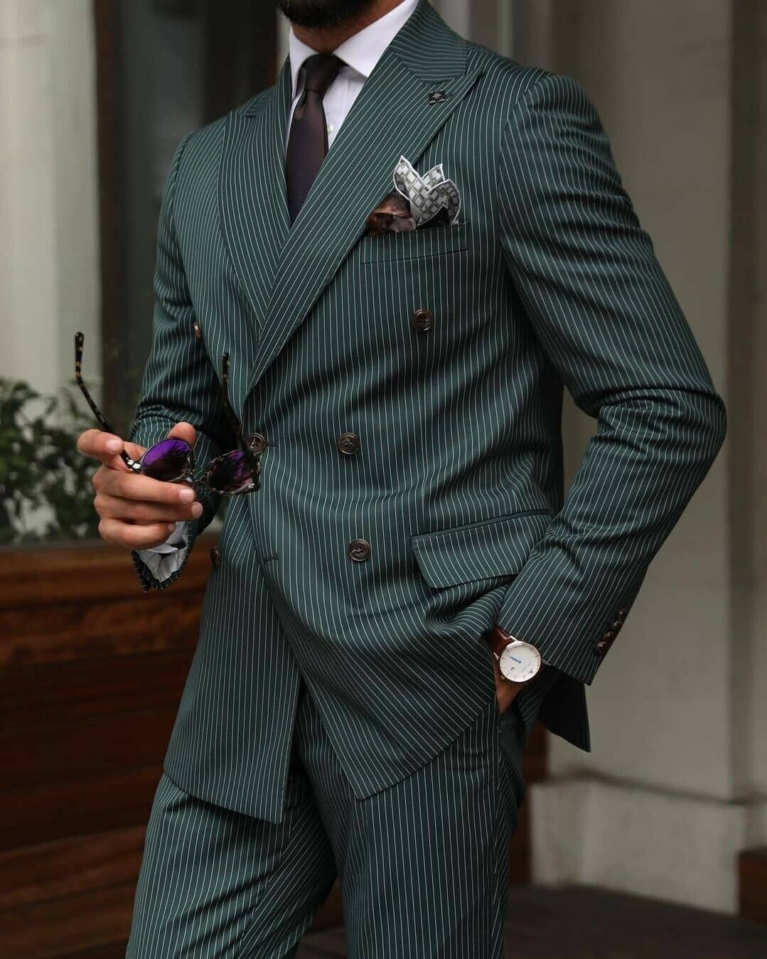 Men's Green Pinstripe Suits Slim Fit Tuxedo Jacket Groomsmen Suits for Wedding