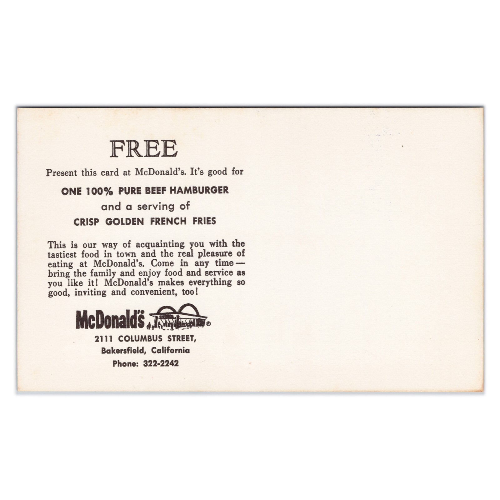 Vintage Bakersfield McDonald's Postcard - Free Burger & Fries Coupon - 1960s CA