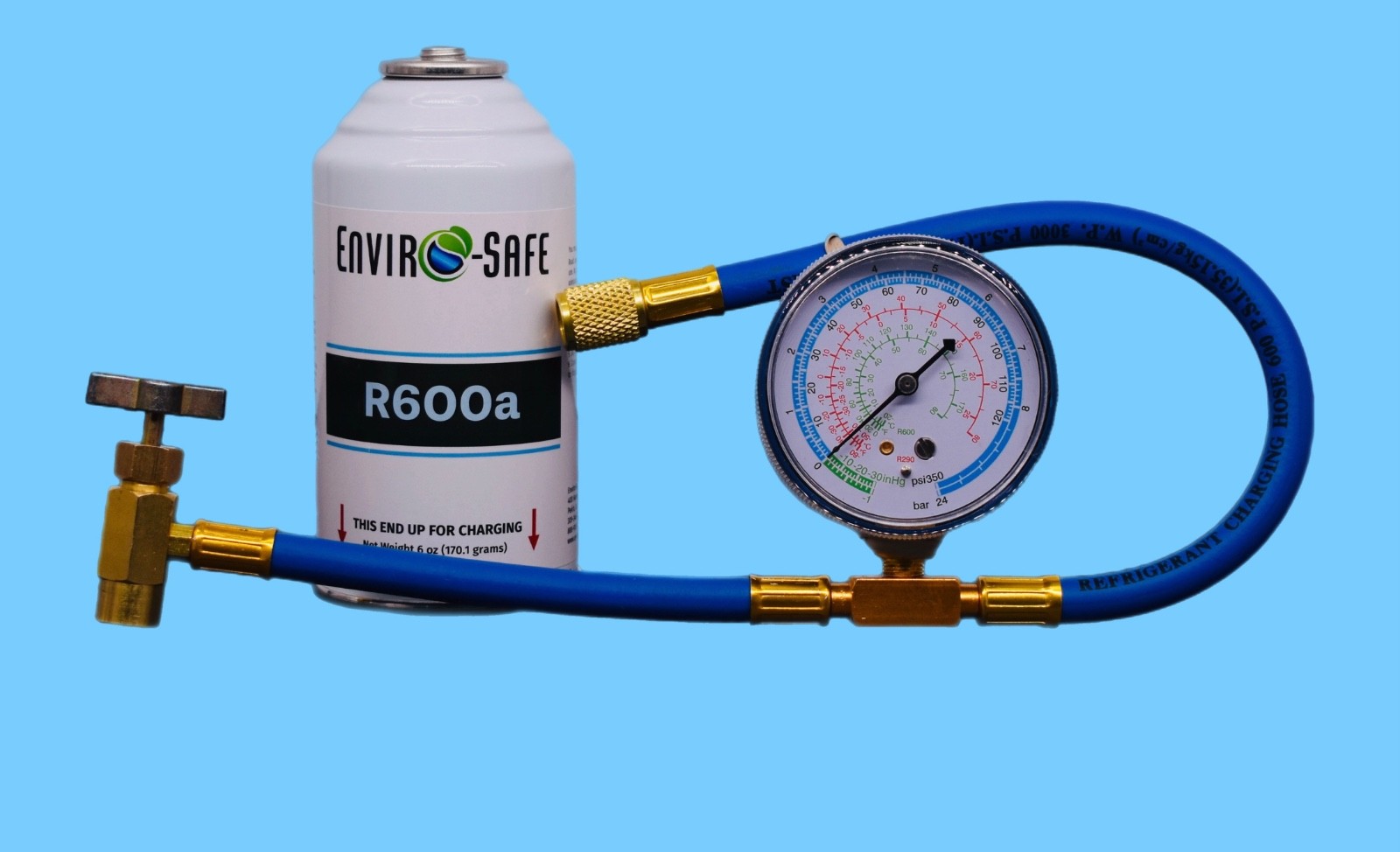 Enviro-Safe R600a Refrigerant | Inverted Piercing | 6 oz | 1 Can + Brass Gauge