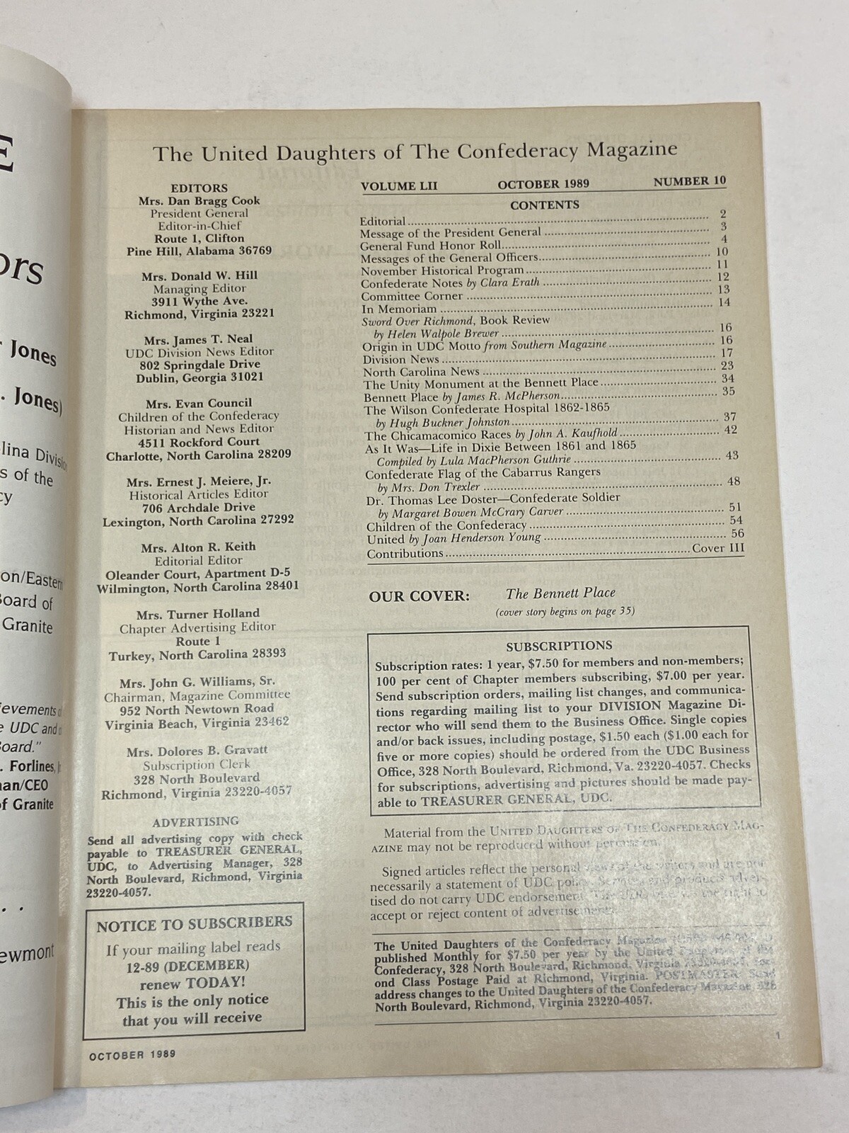 UDC United Daughters of the Confederacy Magazine Oct 1989 Bennett Place Durham