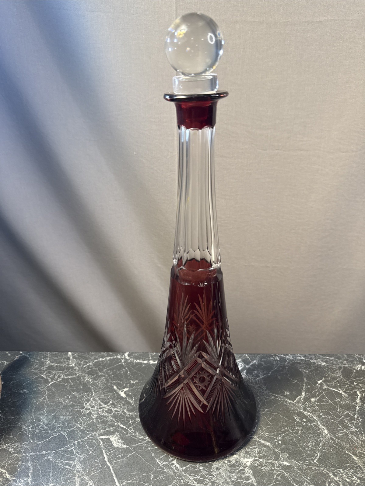 Vintage Bohemian Cranberry to Clear Cut Glass Crystal Decanter with Stopper