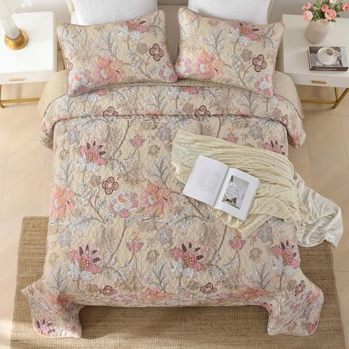 Floral Quilt Set Size Botanical Bedspread Bedding Sets Soft Queen Khaki