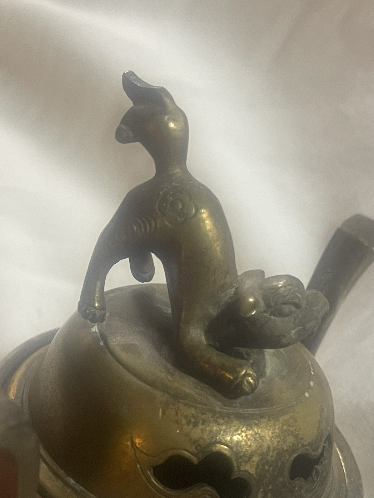 Antique Solid Brass Chinese Foo Dog Sensor Incense Burner Guardian Lion
