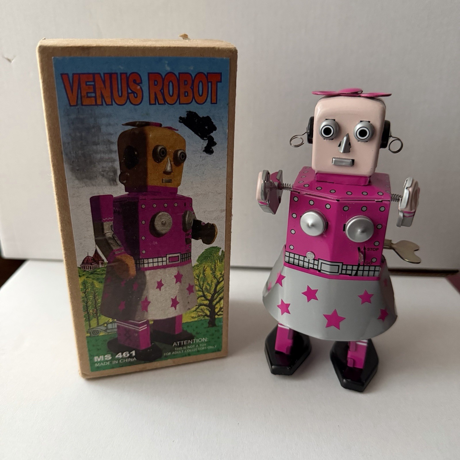 Vintage Venus Robot  Pink Windup Tin Toy with Original Box and Key