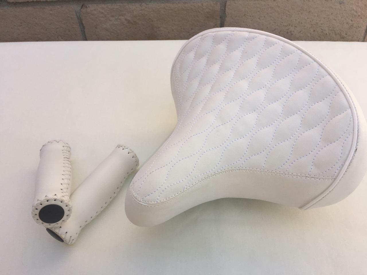 Beach Cruiser Bike Diamond Saddle Seat *WHITE w/Springs +Grips Handlebar Comfort