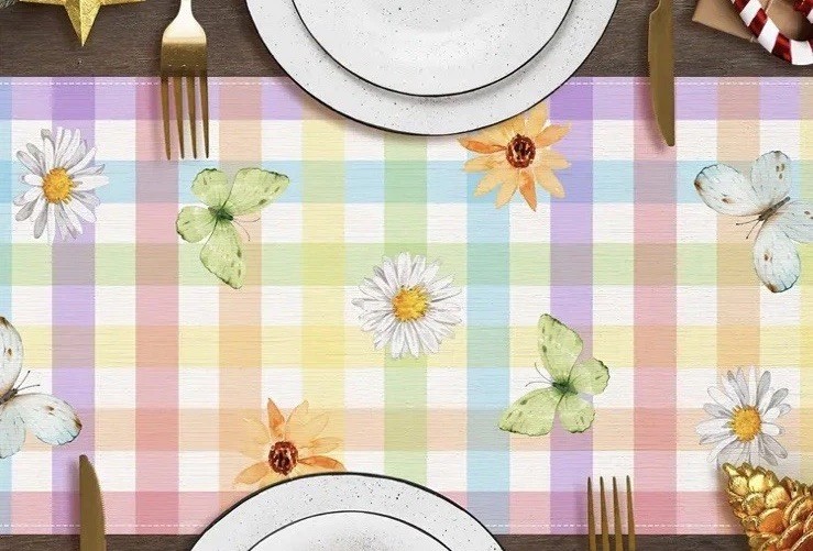 13"x72" Easter Colorful Table Runner Bunny Pastel Gingham Checkered Yellow Pink