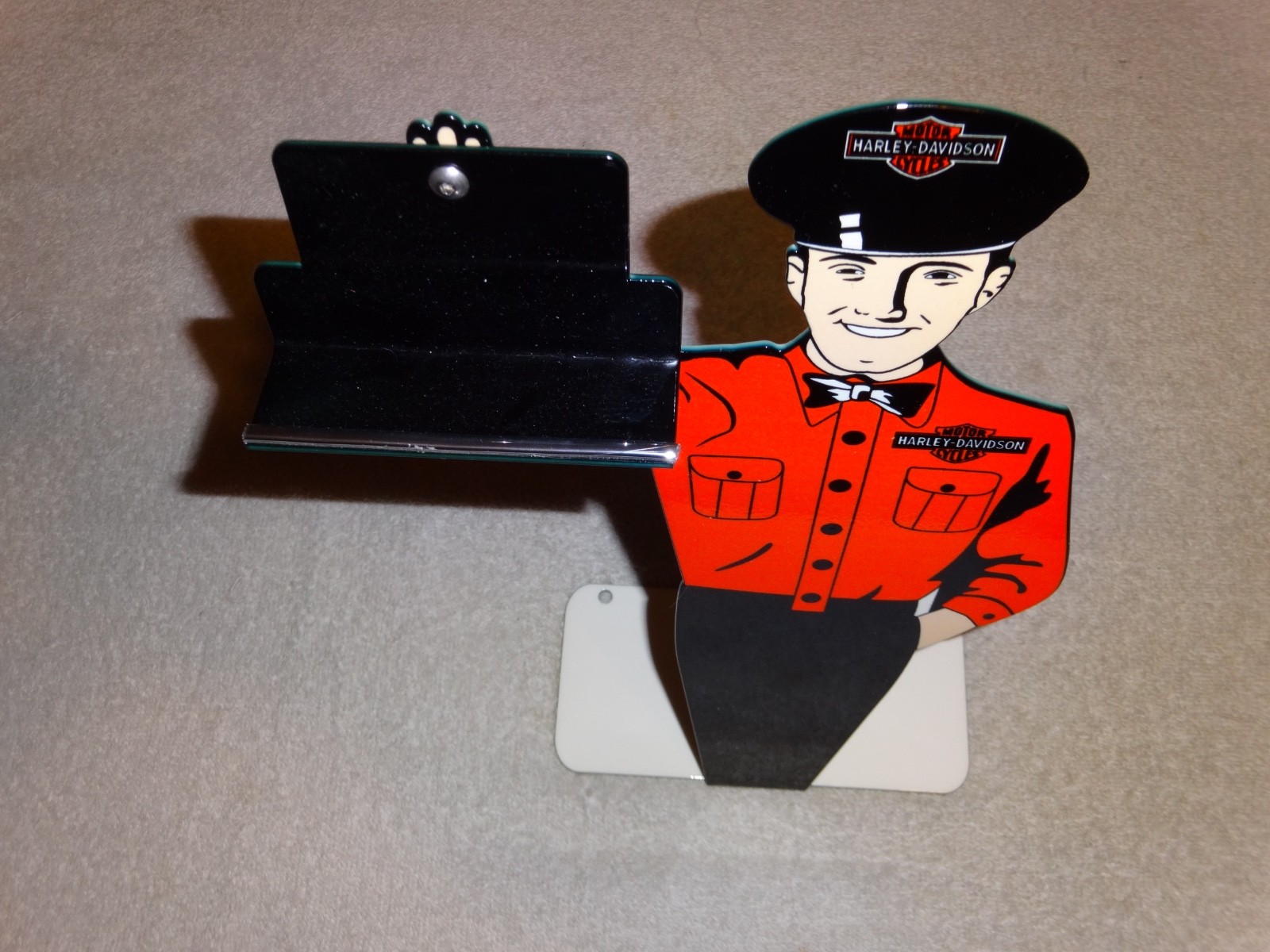 VINTAGE HARLEY DAVIDSON MOTORCYCLE👨MAN METAL GASOLINE BUSINESS CARD HOLDER SIGN