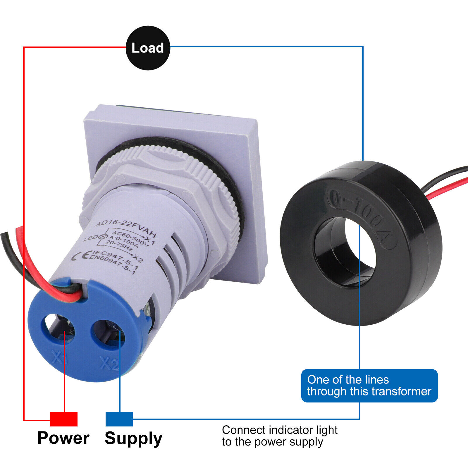 2PC 3-in-1 22mm Digital LED Indicator AC 60-500V 0-100A Volt Amp Frequency Meter