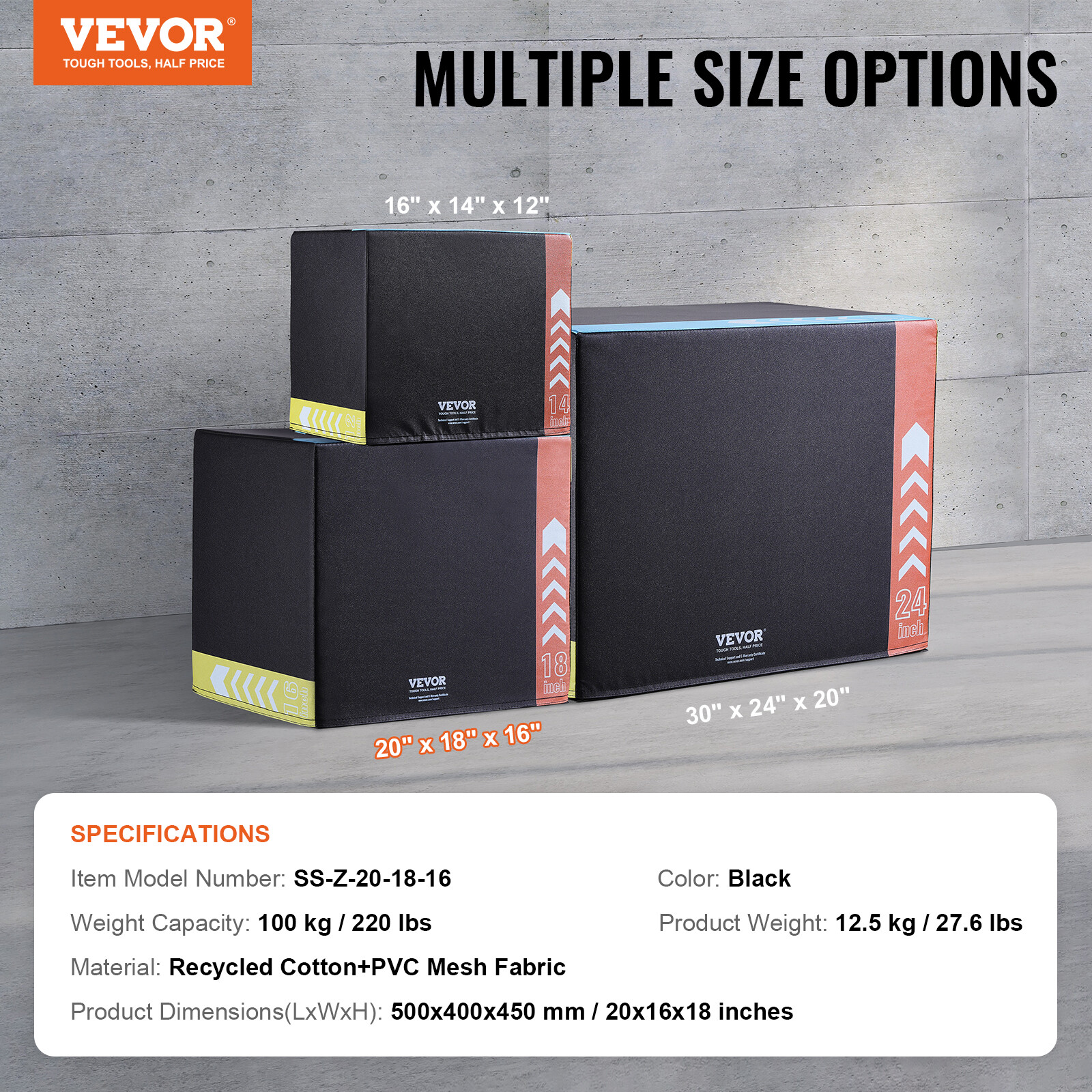 VEVOR 20/18/16 Inch 3 in 1 Plyometric Jump Box Fitness Exercise Plyo Box Cotton