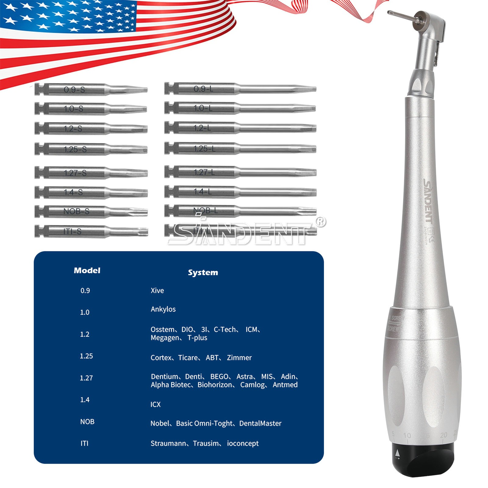 Dental Torque Wrench Universal Implant Kit Wrench Contra Angle & 16 Drivers USA