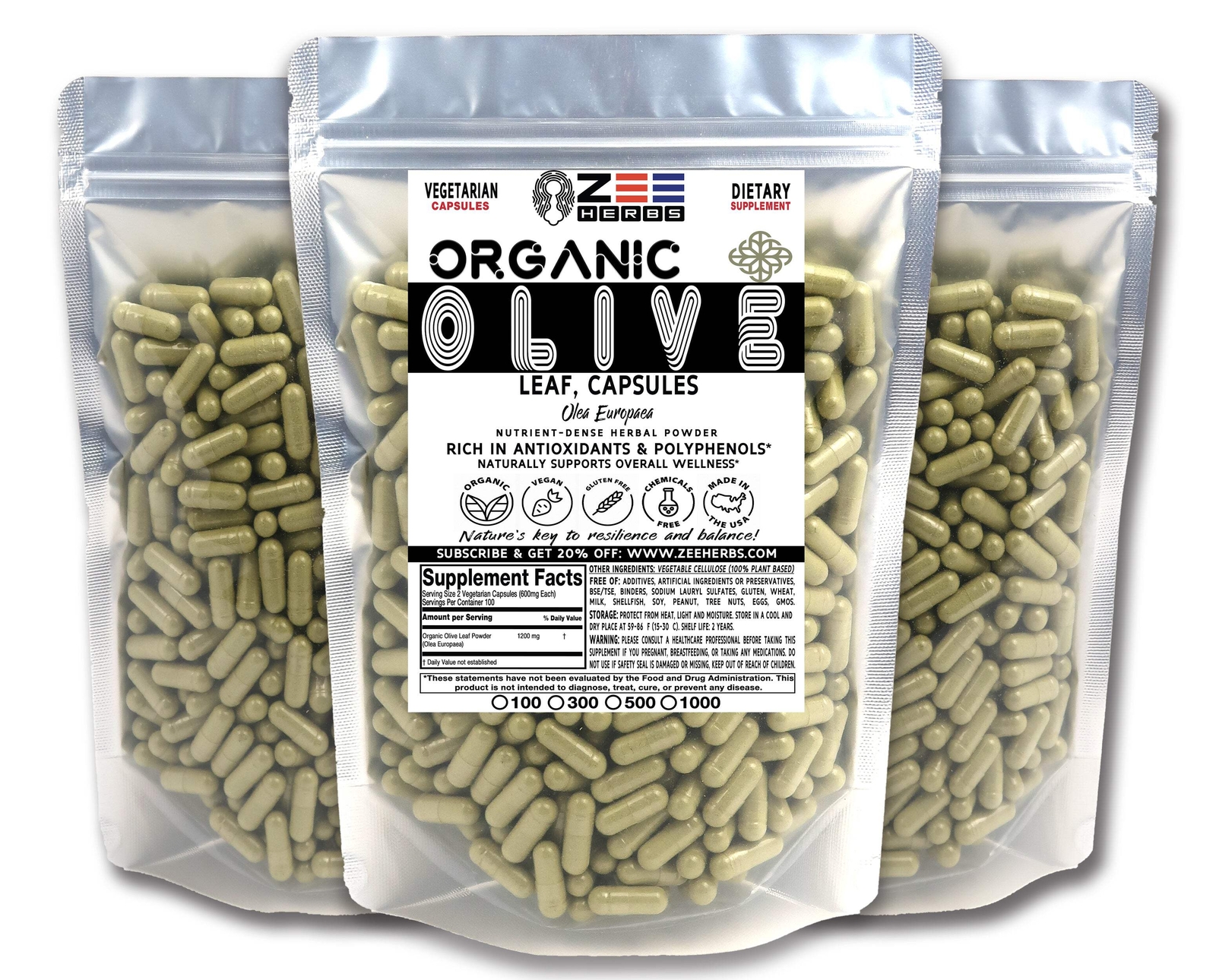 Organic Olive Leaf Capsules - 1200mg Per Serving of Natural Pure Olive Leaf