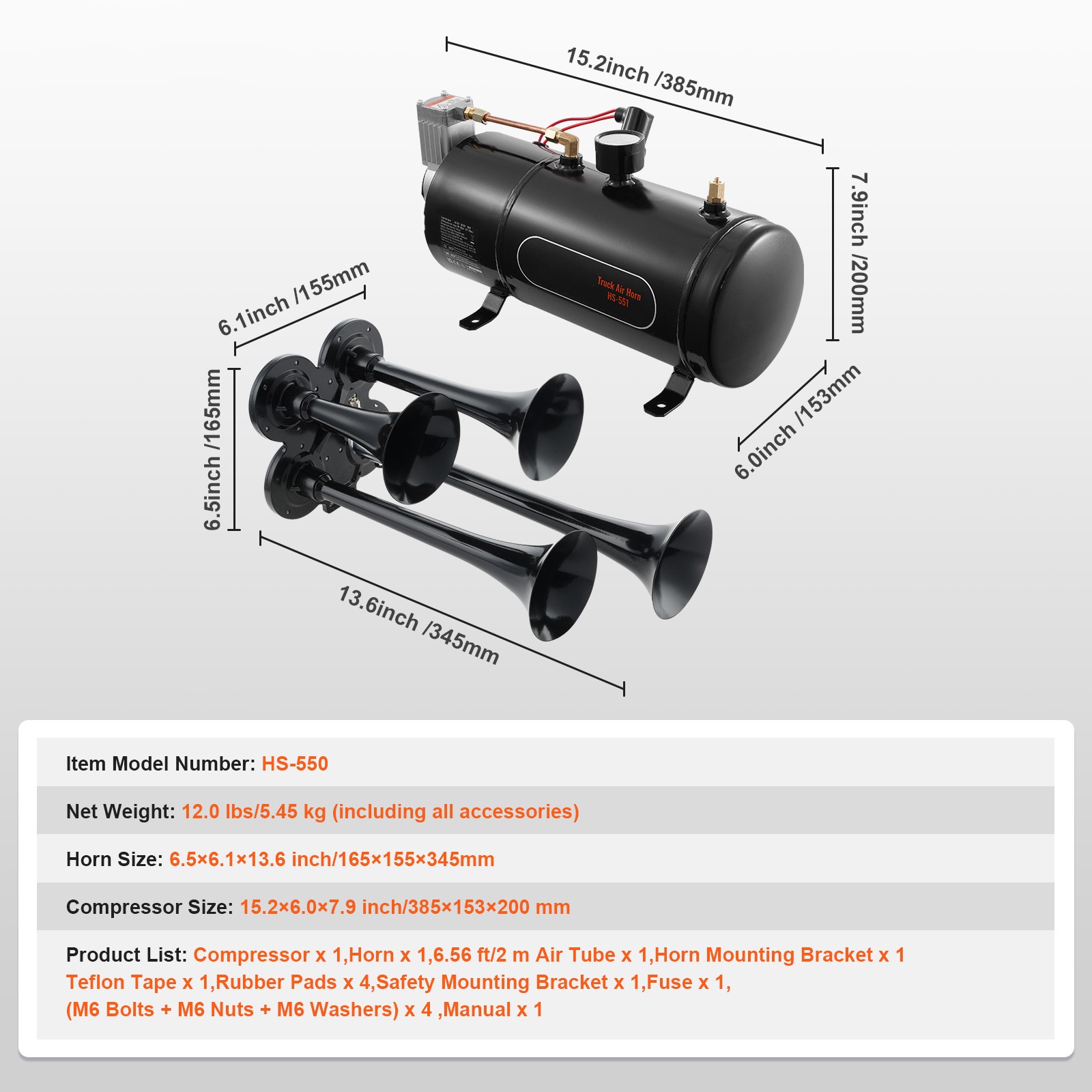 Train Horns Kit 4 Trumpet Air Horn Kit 120psi Air Compressor 0.8 Gal Tank Truck