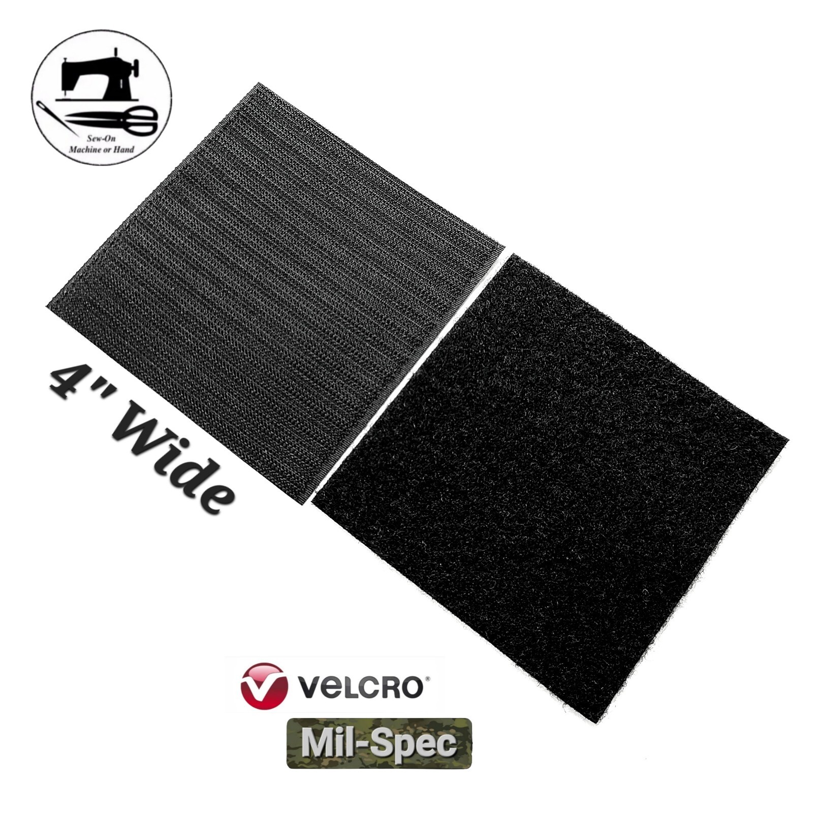 4" Wide x 4" (Inch) VELCRO® Brand Mil-Spec Sew-On Strip (Hook & Loop) - Black