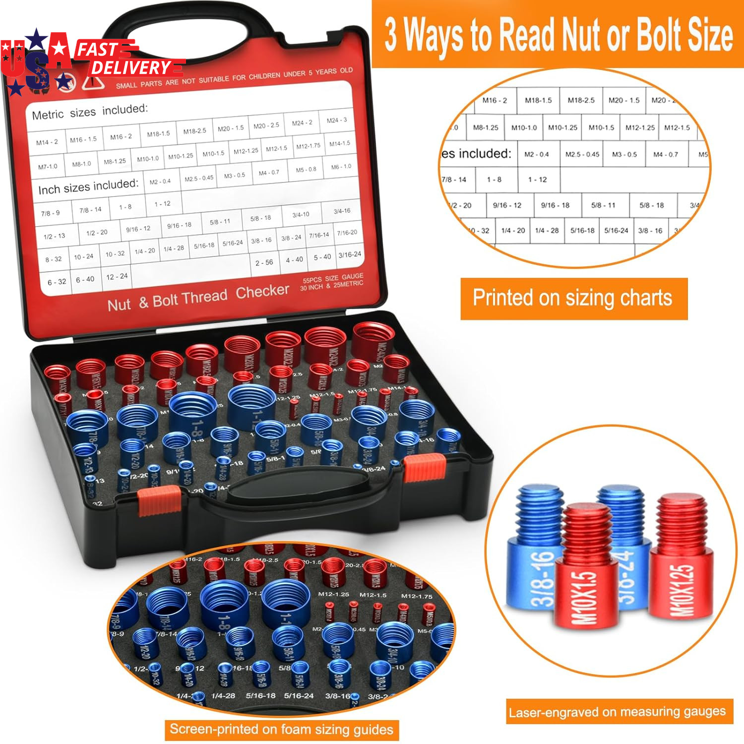 55Pcs Nut and Bolt Thread Checker 25 Metric + 30 SAE Inch Thread Gauge Set, Deta