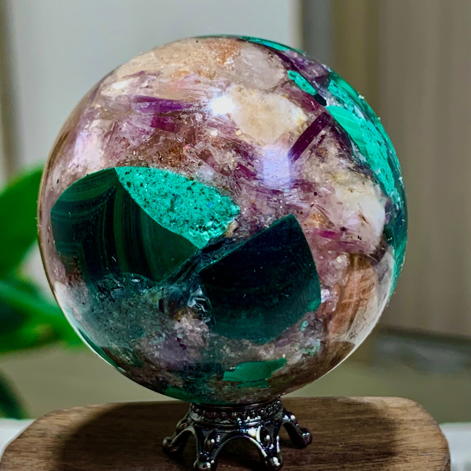 129G Newly discovered rare malachite purple mica symbiotic sphere restoration