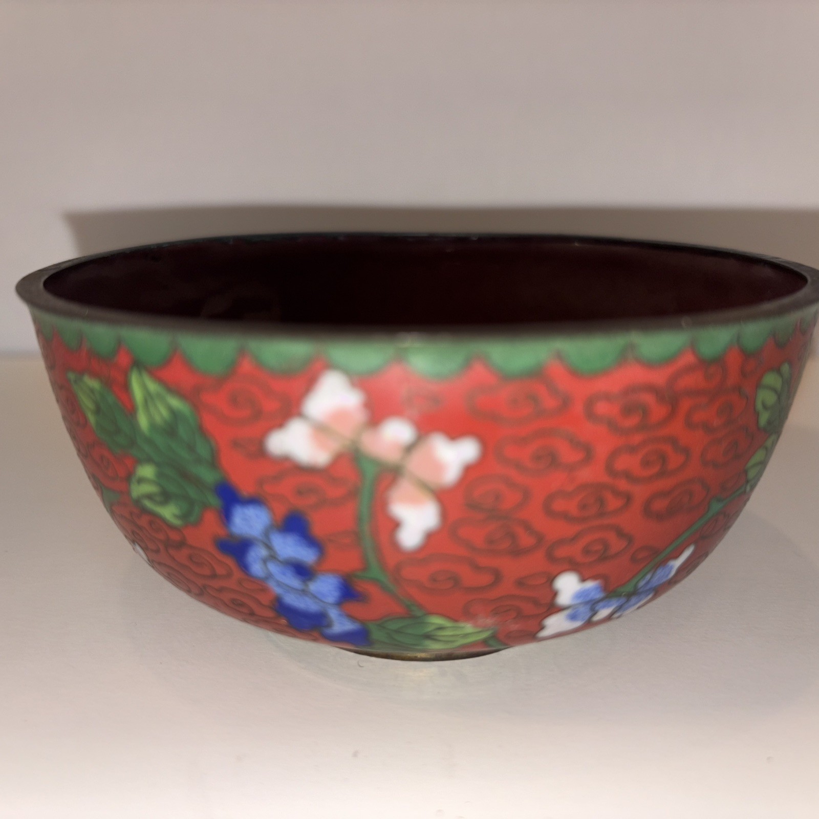Vintage Cloisonné Enamel Bowl Maroon/green/blue China 4.5” Flowers