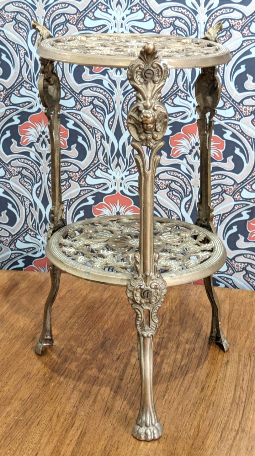 Vintage Ornate Brass Two Tier Side Table Plant Stand Pierced Cherub Angel