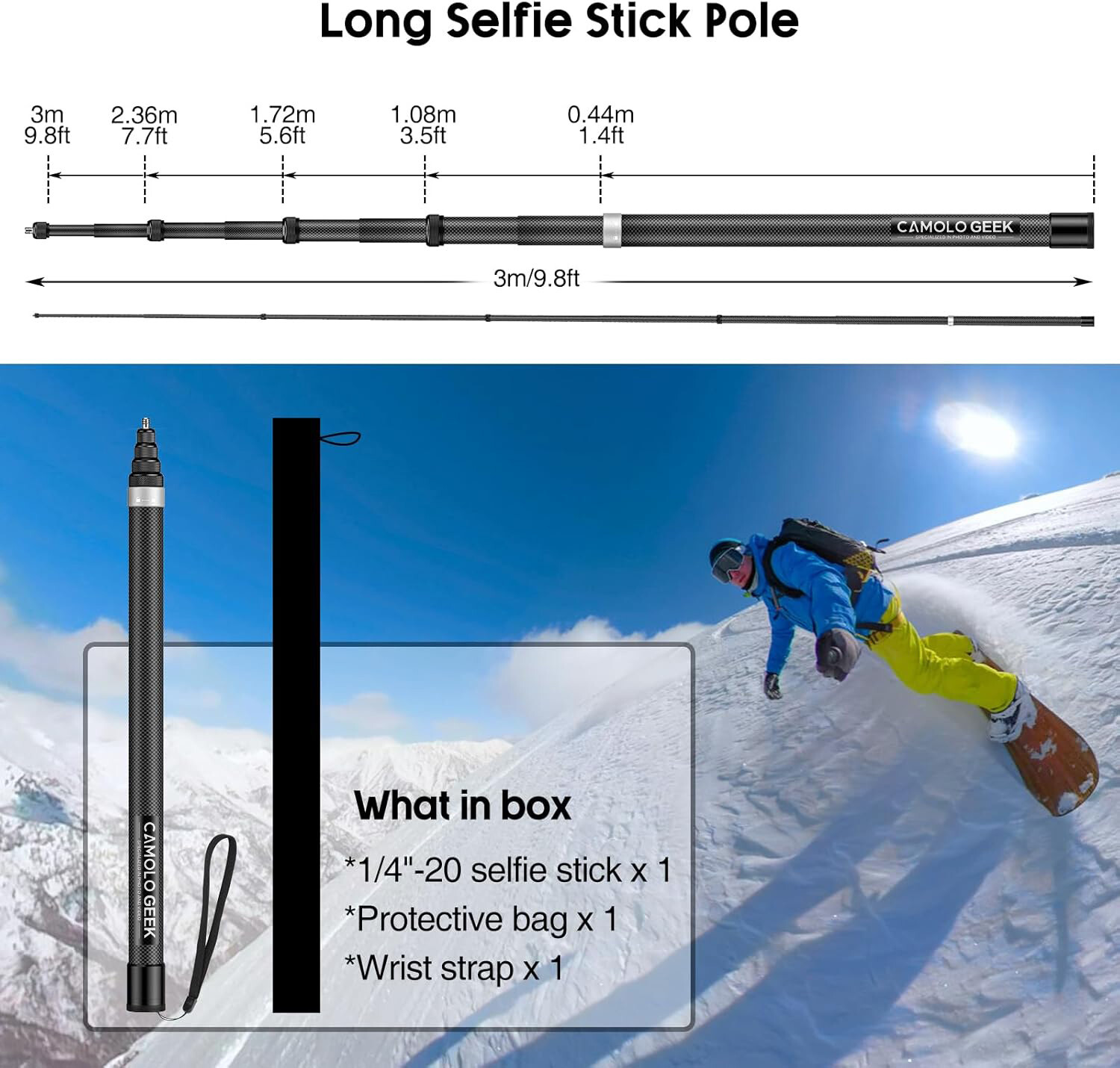 Carbon Fiber Invisible Selfie Stick Extended Pole For Insta360 X5X4 GoPro Camera