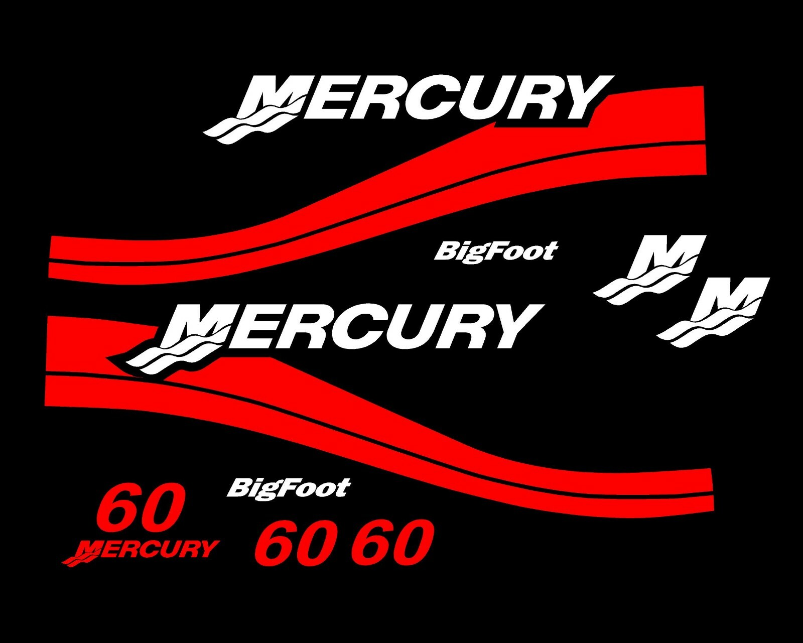 MERCURY 60HP Bigfoot Boat Outboard Decal Kit Pontoon Fishing Cowling Red M60